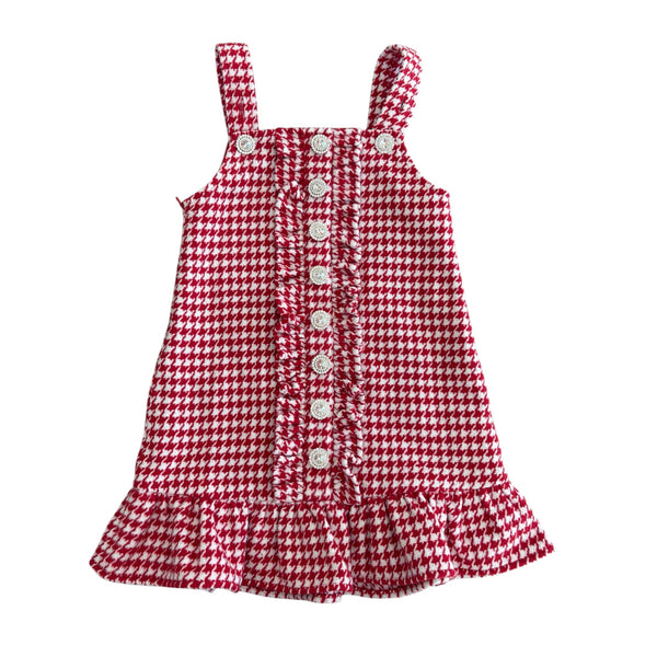 Red and White Houndstooth Ruffle Button Jumper Dress (PREORDER)