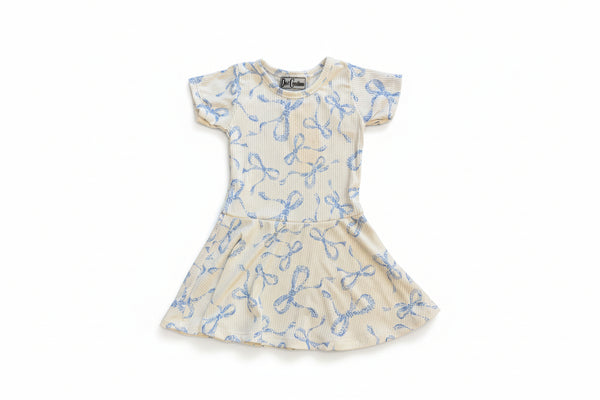 Dori Creations - Blue Bow Ribbed Short Sleeve Skater Dress