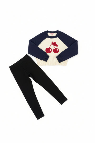 Design History- Navy Blue Raglan Cozy Knit Pullover Sweater with Cherry Graphic
