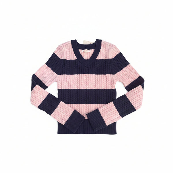 Design History - Pink and Navy Blue Striped Cable Knit V Neck Sweater with Cuff Sleeves