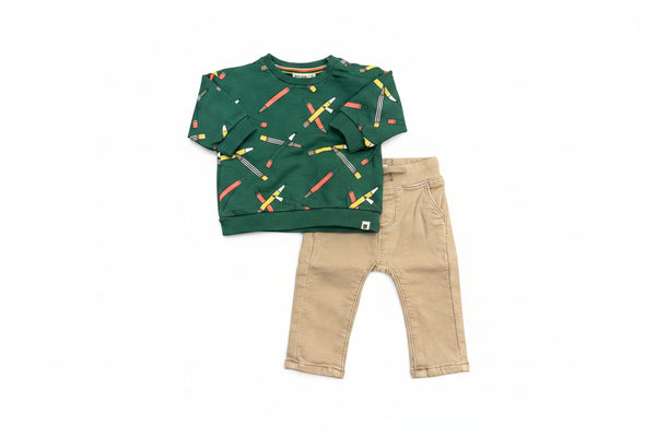 Babyface -Dark Green Pencil Crewneck Sweatshirt With Tan Pull On Pants