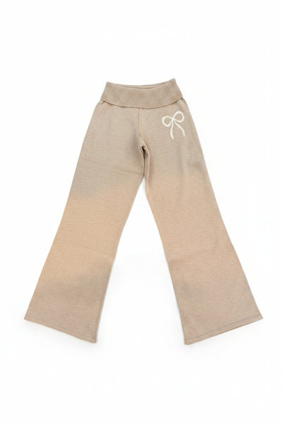 Vintage Havana - Oatmeal Chelsea Wide Leg Fold Over Waist Knit Pant With Bow