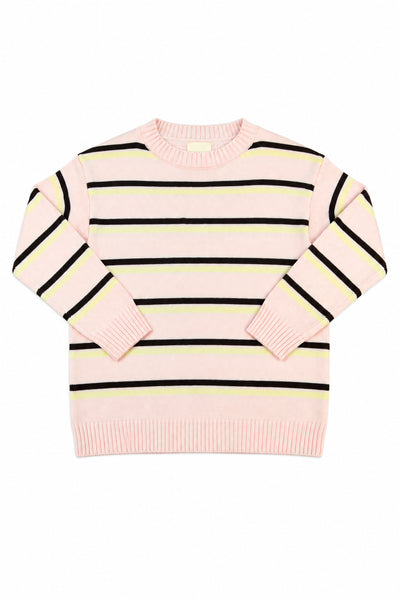 Tenly - Pink Crewneck Sweater with Brown and Yellow Accent Stripes