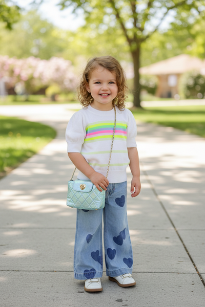 Billieblush - Girls Blue Denim Wide-Leg Jeans with Heart Motifs