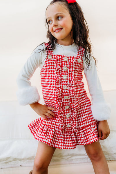 Red and White Houndstooth Ruffle Button Jumper Dress (PREORDER)