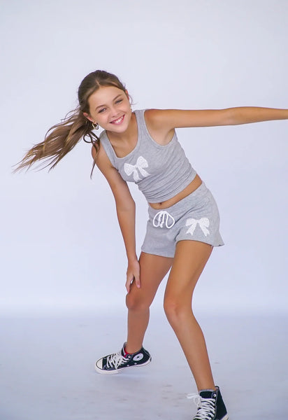 Flowers by Zoe -Grey Sweat Shorts with Eyelet Bow Applique  - Shorts