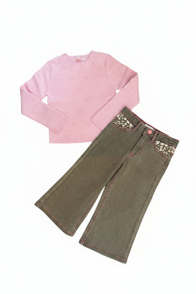 Design History - Pink Ribbed Knit Top with all over Subtle Heart Pattern and Scalloped Edges