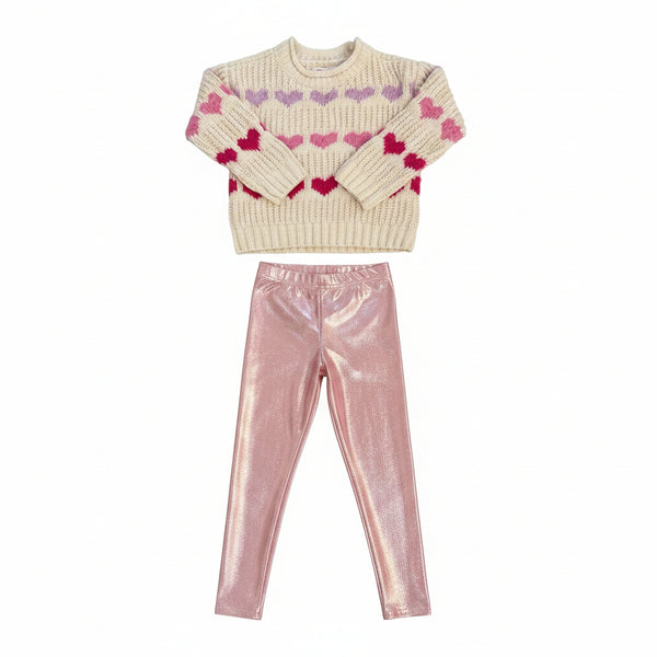 Design History - Cream Pullover Sweater with Colorful Hearts Across The Chest