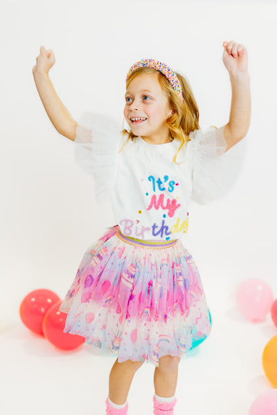 "It's My Birthday" Tulle Sleeve Top