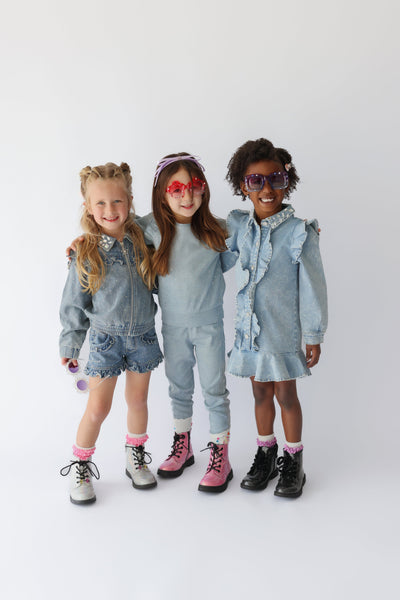 Rhinestone & Ruffle Denim Bomber Jacket