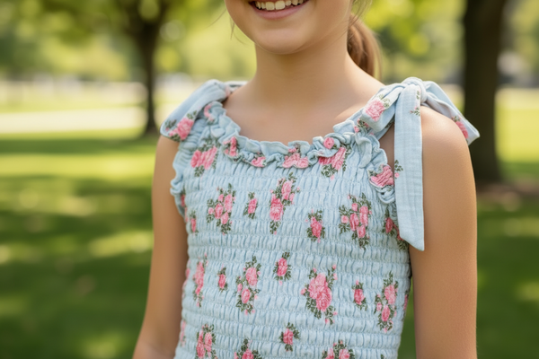 Flowers by Zoe -Rose Woven Smocked Tank with Tie Straps