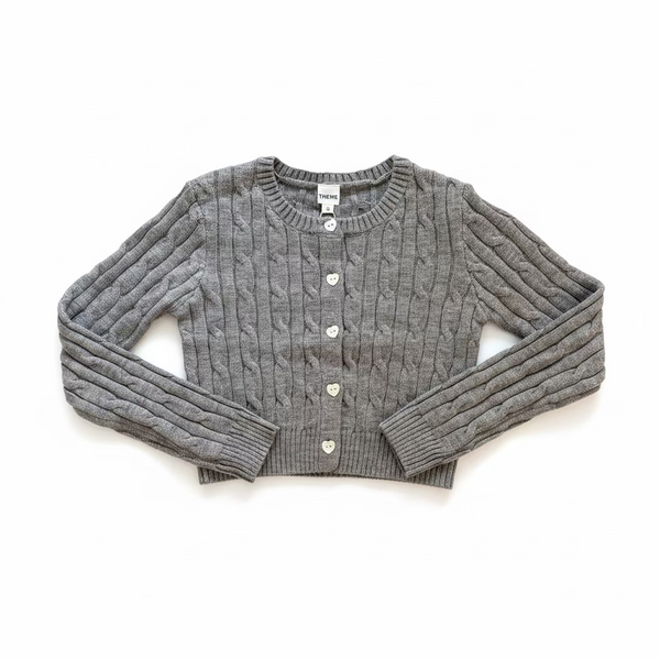Theme - Adele Mid Grey With Heart Shell Buttons Cable Knit Sweater