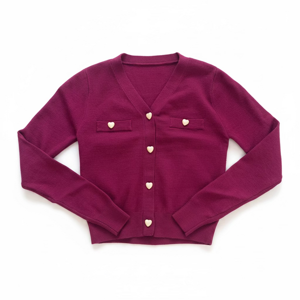 Theme -Mickey Plum With Heart Pearl Buttons Sweater Cardigan