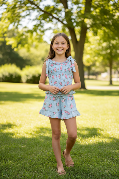 Flowers by Zoe -Rose Woven Smocked Tank with Tie Straps