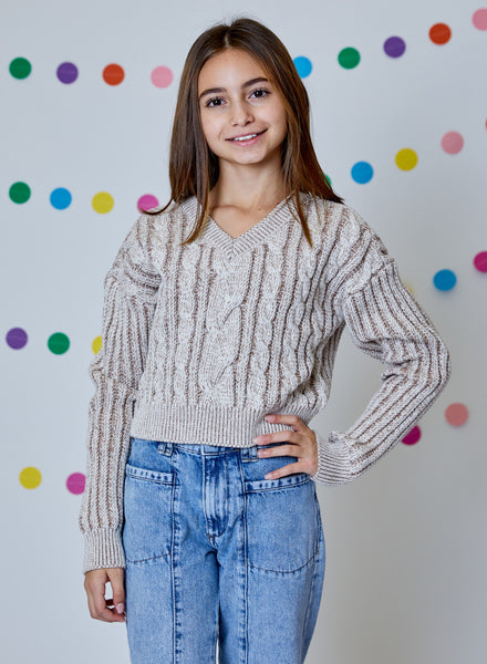Design History - Tan V-Neck Cable Knit Sweater