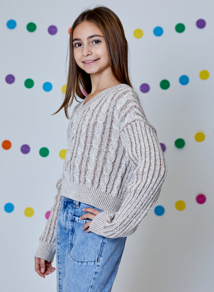 Design History - Tan V-Neck Cable Knit Sweater