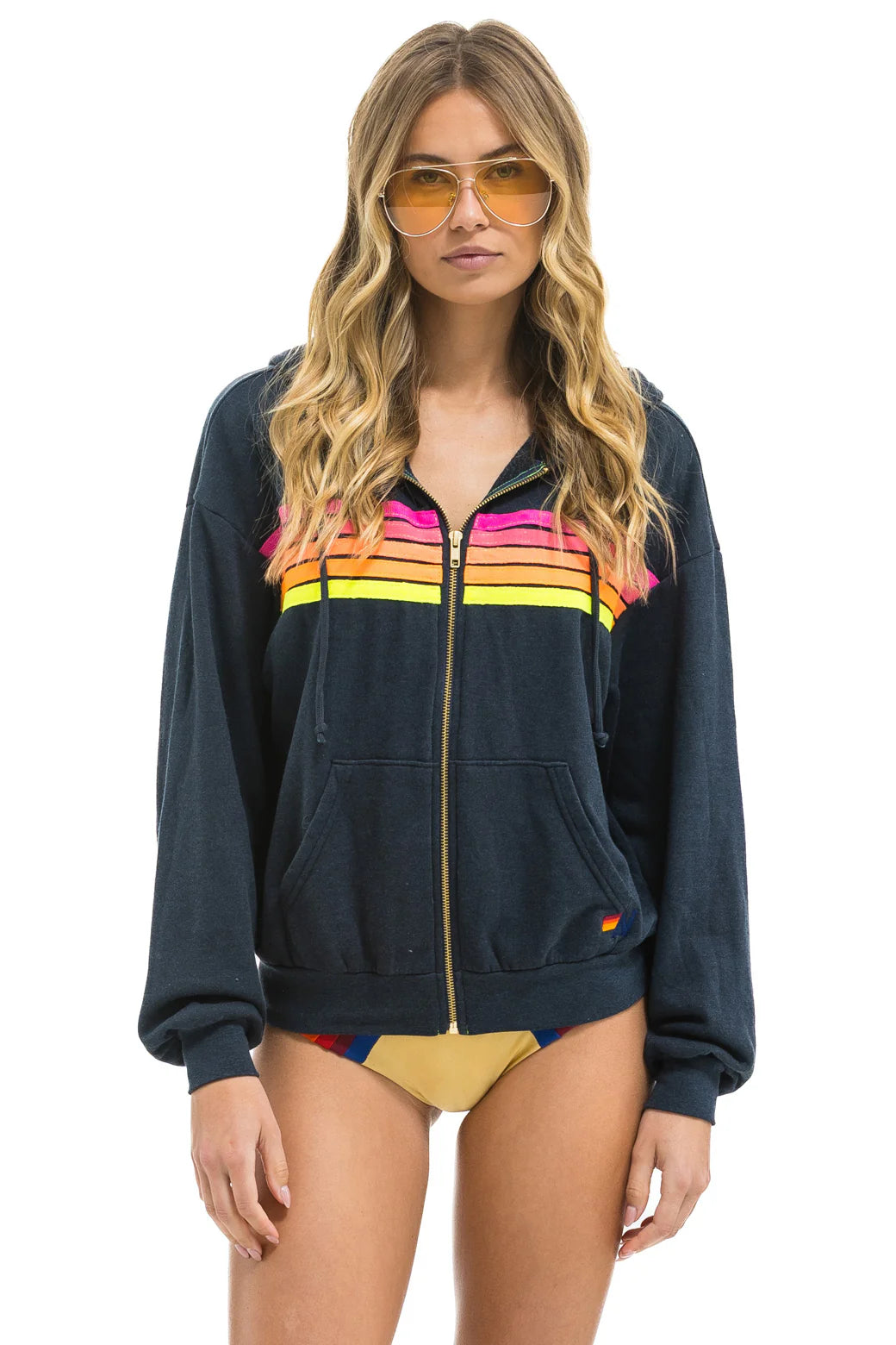 Aviator Nation - 5 STRIPE RELAXED ZIP HOODIE - CHARCOAL // NEON
