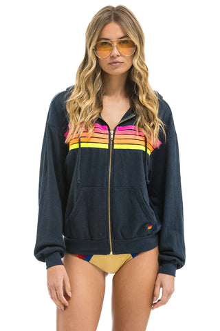 Aviator Nation - 5 STRIPE RELAXED ZIP HOODIE - CHARCOAL // NEON