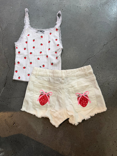 Flowers by Zoe - White Denim Shorts with Strawberry Bow Printed On Back Pockets