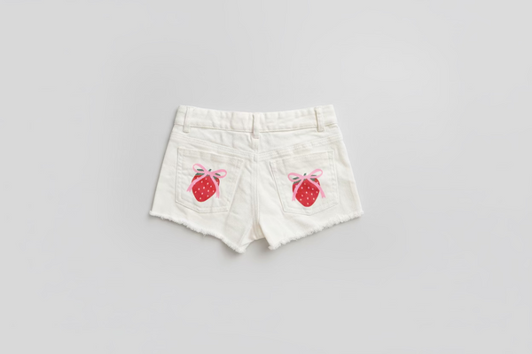Flowers by Zoe - White Denim Shorts with Strawberry Bow Printed On Back Pockets