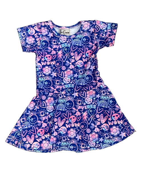 Dori Creations - Blue Smile Short Sleeve Skater Dress