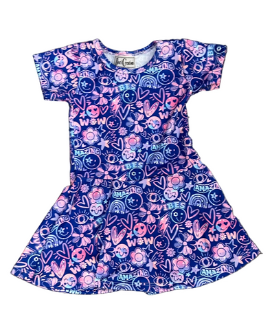 Dori Creations - Blue Smile Short Sleeve Skater Dress