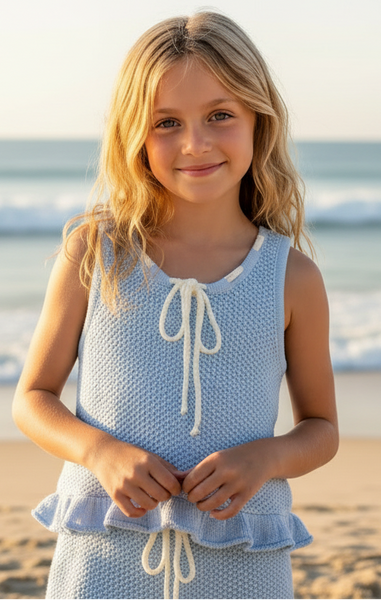 Flowers by Zoe - Blue Crochet Peplum Top with White Bow Detail