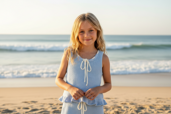 Flowers by Zoe - Blue Crochet Peplum Top with White Bow Detail