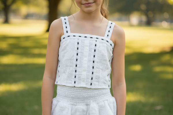 Theme -  Skylar White Heart & Flower Eyelet With Black Ribbon Tank Top
