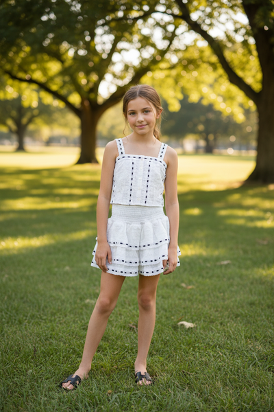 Theme -  Skylar White Heart & Flower Eyelet With Black Ribbon Tank Top