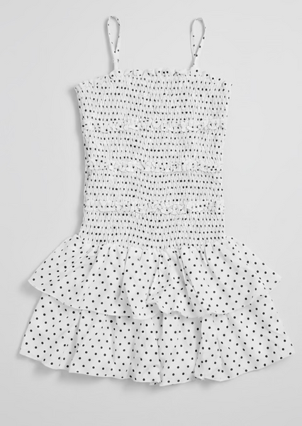 Flowers by Zoe -White Smocked Dress with Black Polka Dots