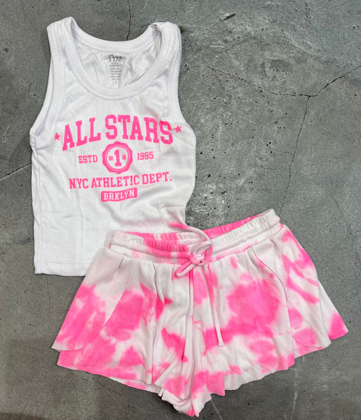 Flowers by Zoe - All Stars White with Neon Pink Ribbed Tank