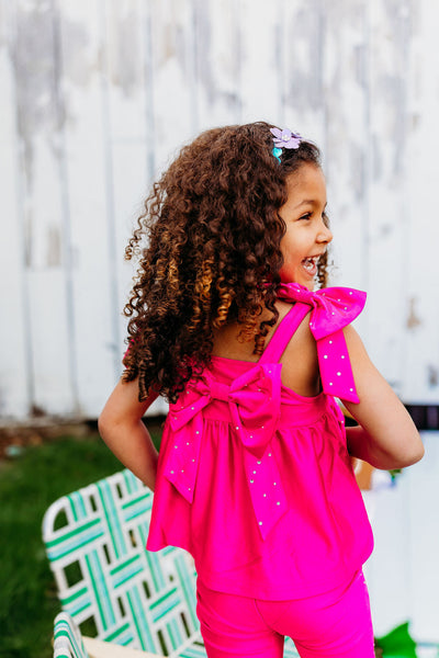 Magenta Bow Two-Piece Gem Stamped Athletic Set