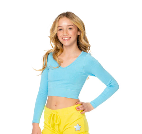 Malibu Sugar - Girl's (8-12) Long Sleeve V Neck Crop Ribbed Top - Sky Blue