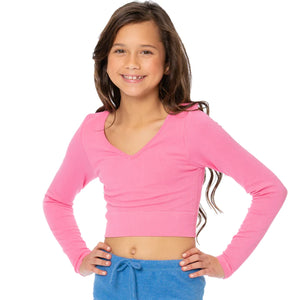Malibu Sugar - Girl's (8-12) Long Sleeve V Neck Crop Ribbed Top - Pink