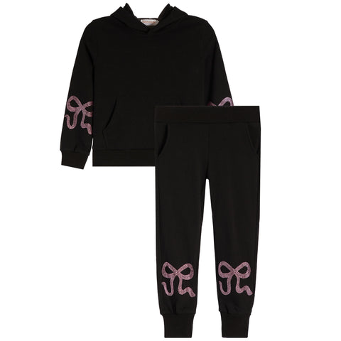 Tweenstyle by Stoopher - Pink Rhinestud Bow Sweatsuit - Black