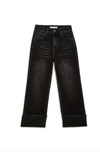 Tractr - Cuffed Wide Straight Leg Black Denim Jeans
