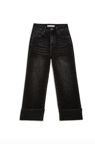 Tractr - Cuffed Wide Straight Leg Black Denim Jeans