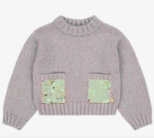 Billieblush - Girls Grey Chunky Knit Sweater with Sequined Pockets