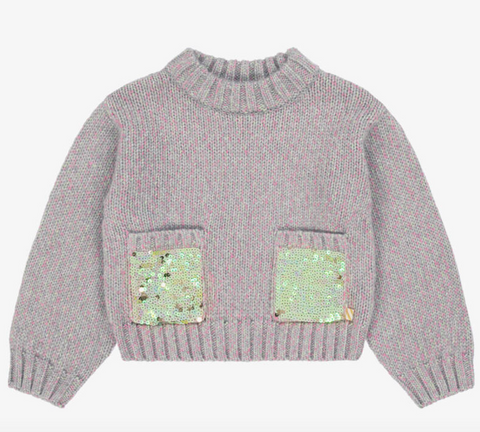 Billieblush - Girls Grey Chunky Knit Sweater with Sequined Pockets