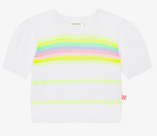 Billieblush - White Striped Knit Short Sleeve Sweater