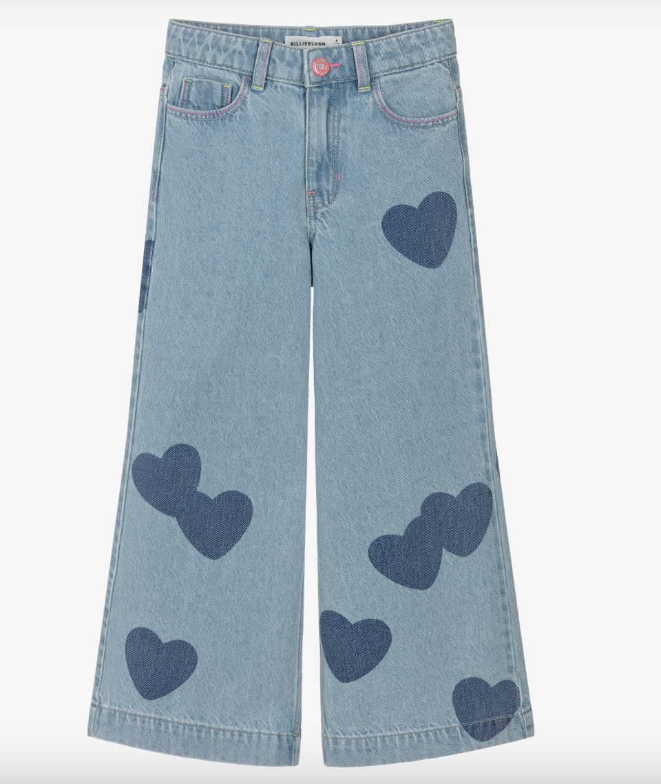 Billieblush - Girls Blue Denim Wide-Leg Jeans with Heart Motifs