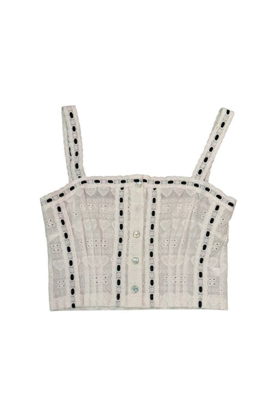 Theme -  Skylar White Heart & Flower Eyelet With Black Ribbon Tank Top