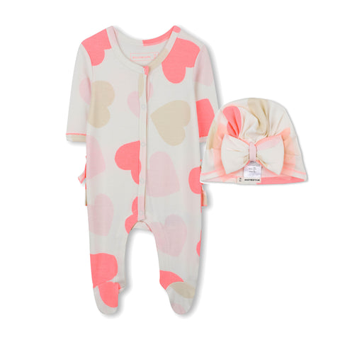 Billieblush - Heart Print Footie with Matching Cap