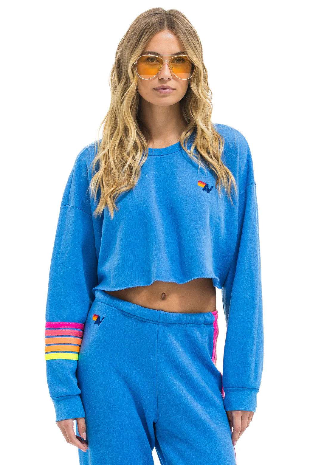 Aviator Nation - RUGBY STITCH CROPPED CREW SWEATSHIRT RELAXED - COBALT // NEON