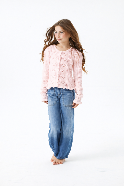 Theme - Ayla Ballet Pink Pointelle Knit Hearts Cardigan