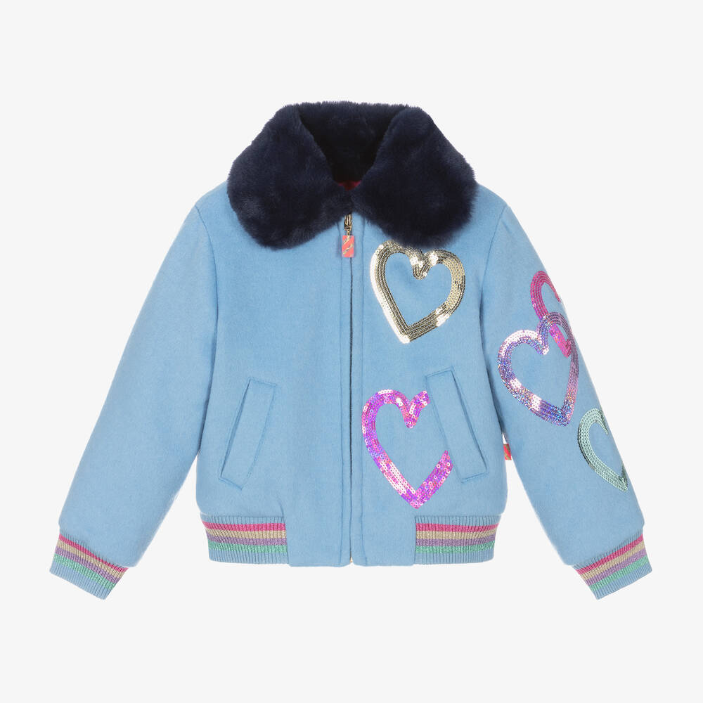 Billieblush - Girls Blue Sequin Heart Wool Jacket