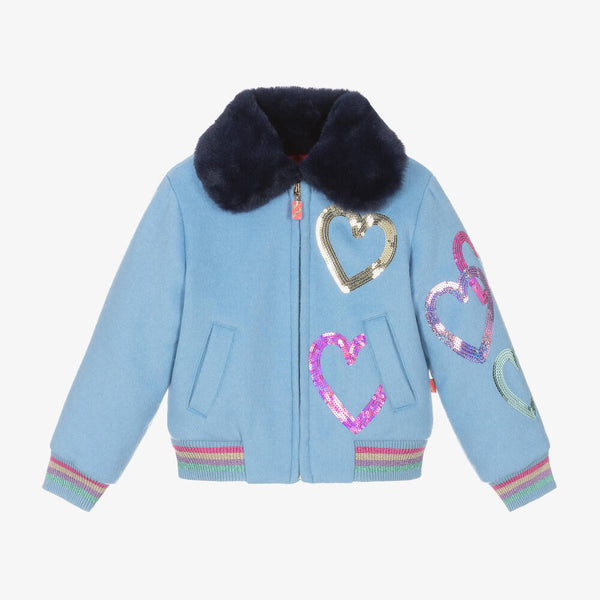 Billieblush - Girls Blue Sequin Heart Wool Jacket