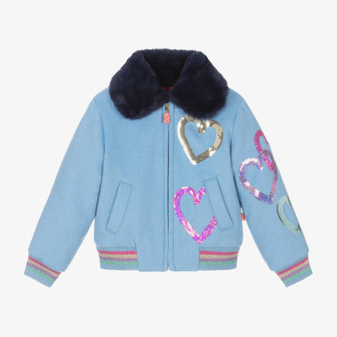 Billieblush - Girls Blue Sequin Heart Wool Jacket