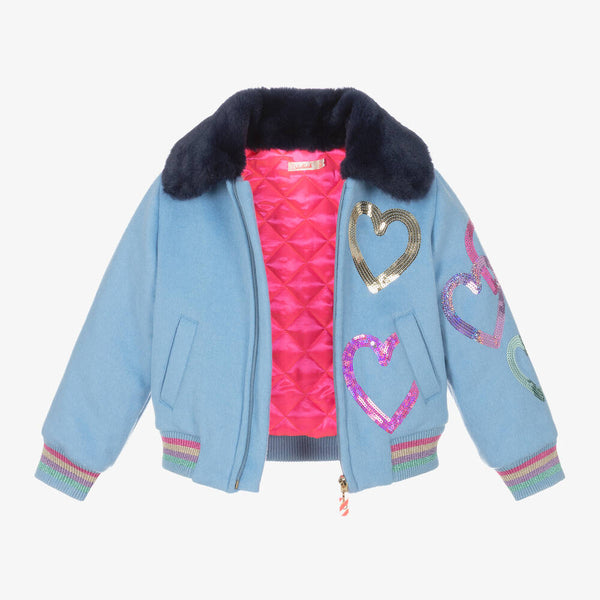 Billieblush - Girls Blue Sequin Heart Wool Jacket